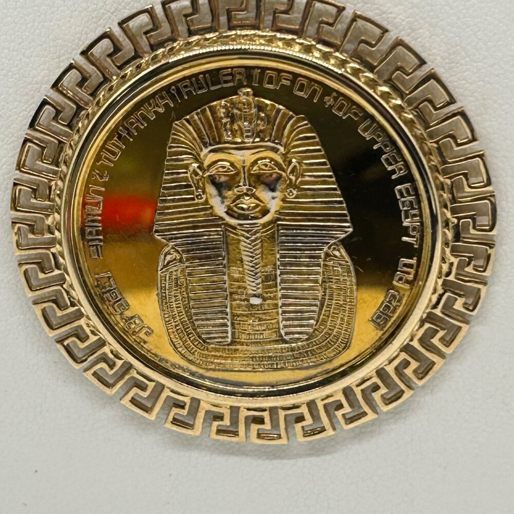 Tutankhamun Gold-tone Coin Pendant Necklace Egyptian Symbols & Greek Key Border - Picture 3 of 14